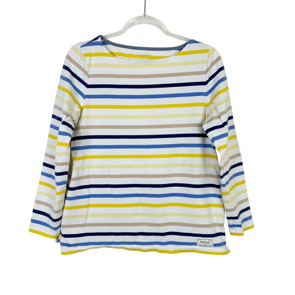 Talbots 100% Cotton Long Sleeve Tee Shirt Boatneck Stripe Womens Large PETITE